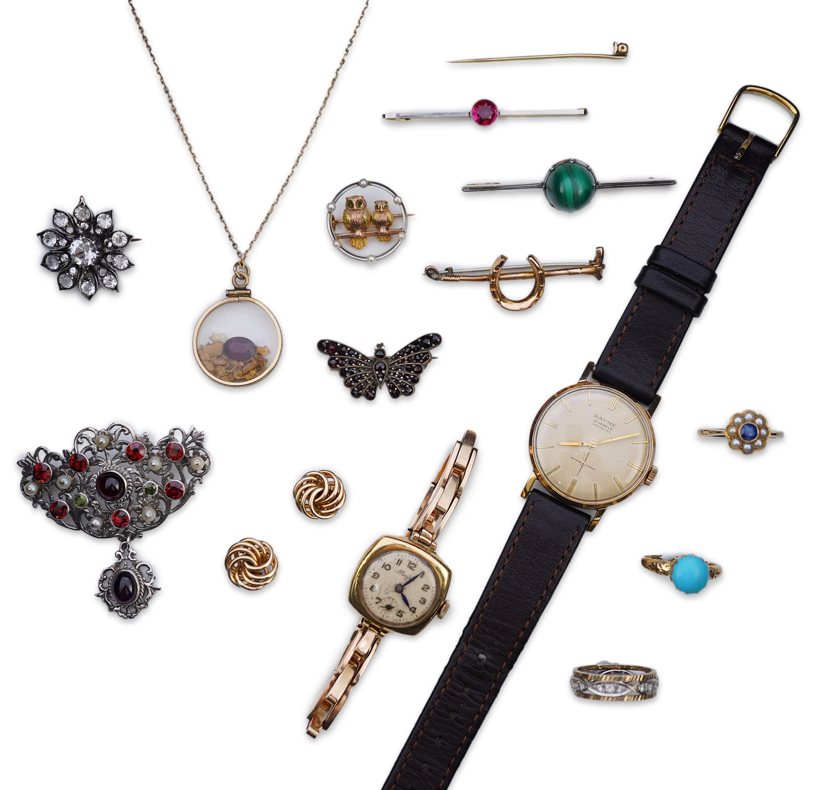 A group of jewellery and two watches